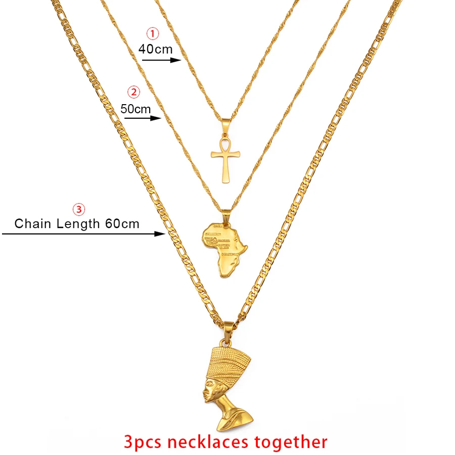 3pcs Necklaces Together Ankh Nefertiti Africa Map Pendant Gold Color Birthday Party Ethnic Jewelry Women #244606 - Image 2