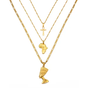 3pcs Necklaces Together Ankh Nefertiti Africa Map Pendant Gold Color Birthday Party Ethnic Jewelry Women #244606