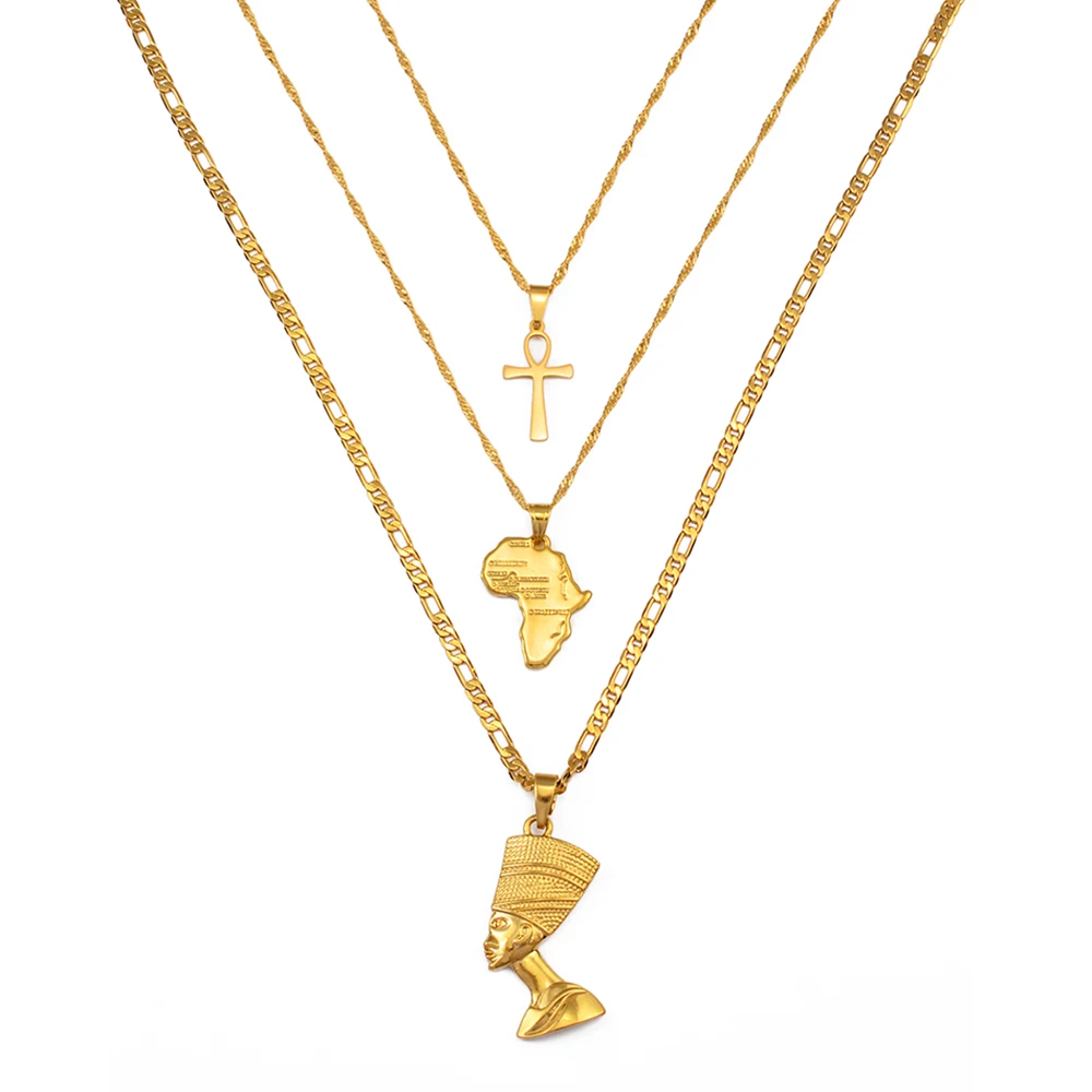 3pcs Necklaces Together Ankh Nefertiti Africa Map Pendant Gold Color Birthday Party Ethnic Jewelry Women #244606