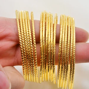 (6pcs/lot)African Gold Color Shiny Bangles for Women Girls Dubai Circle Bracelet Jewelry Ethiopian Bride Wedding #013707