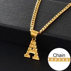 A-Z Letters Pendant Necklaces for Women Men English ABC Initial Alphabet Chain Necklaces Gold Color Jewelry #058002G