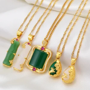 Bamboo Peacock Green White Stone Pendant Necklaces Women Girs Chinese Cultural Fashion Wedding Accessories #002036