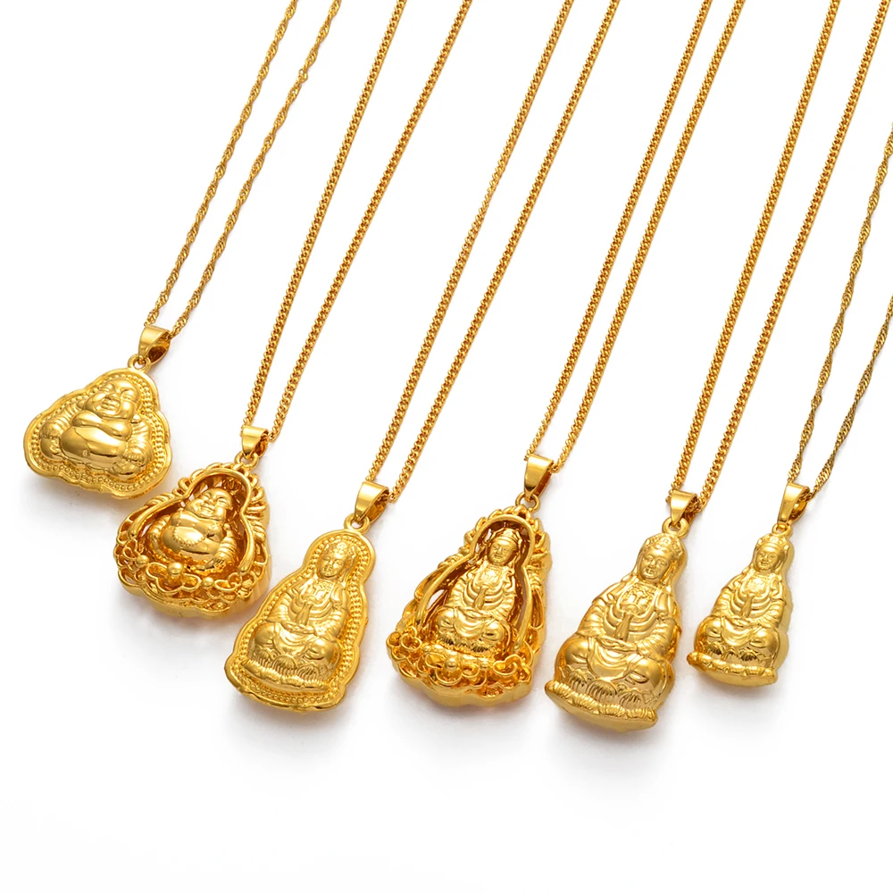 Buddhist Guanyin Pendant Necklace Golden Chinese Style Ornament Maitreya Buddha Amulet Hinduism - Image 2