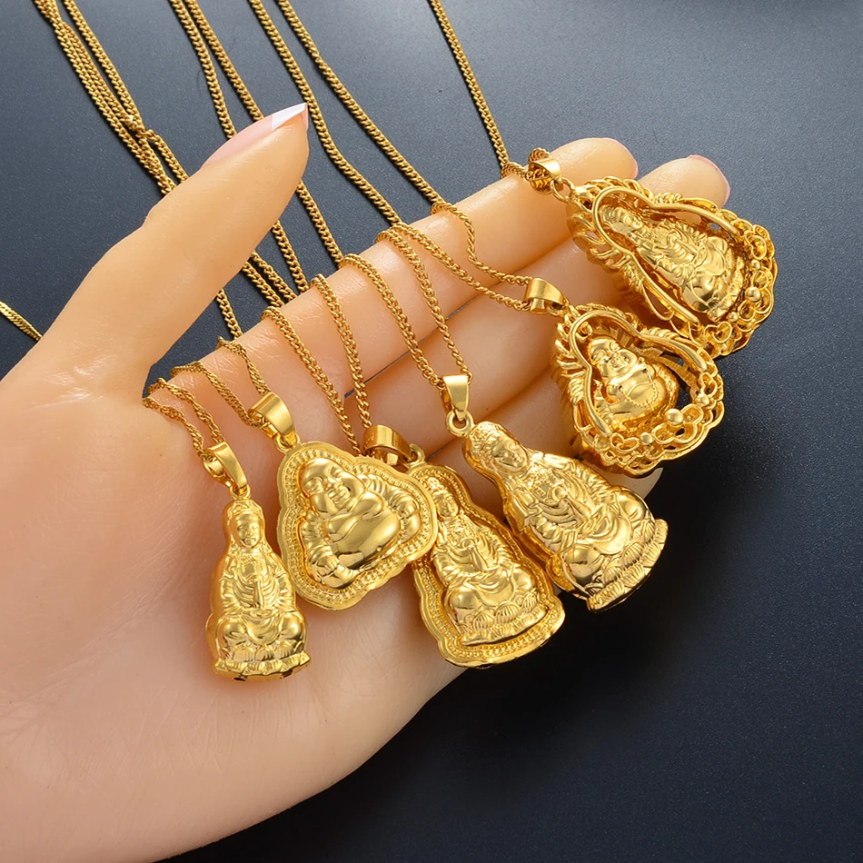 Buddhist Guanyin Pendant Necklace Golden Chinese Style Ornament Maitreya Buddha Amulet Hinduism - Image 3
