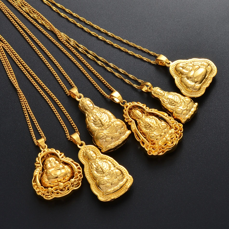 Buddhist Guanyin Pendant Necklace Golden Chinese Style Ornament Maitreya Buddha Amulet Hinduism