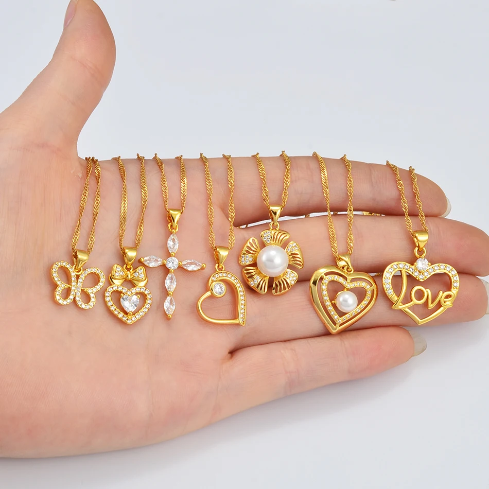 Charm Zircon Cross Hawaiian Pearl Flower Heart Necklace Butterfly Pendant Chains Gold Color Luxury Jewelry Africa #200025 - Image 2