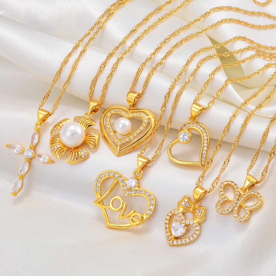 Charm Zircon Cross Hawaiian Pearl Flower Heart Necklace Butterfly Pendant Chains Gold Color Luxury Jewelry Africa #200025 - Image 3