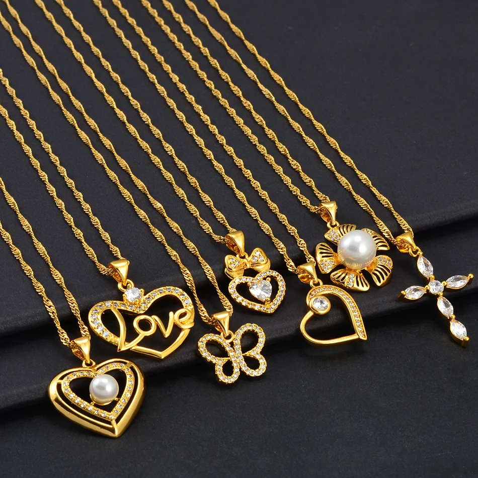 Charm Zircon Cross Hawaiian Pearl Flower Heart Necklace Butterfly Pendant Chains Gold Color Luxury Jewelry Africa #200025 - Image 4