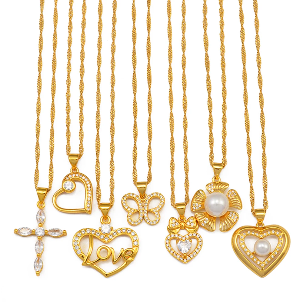 Charm Zircon Cross Hawaiian Pearl Flower Heart Necklace Butterfly Pendant Chains Gold Color Luxury Jewelry Africa #200025
