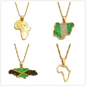 Color Flag Nigeria Jamaica With Rhinestone Africa Maps Pendant Necklaces Ethnic Jewelry #122721