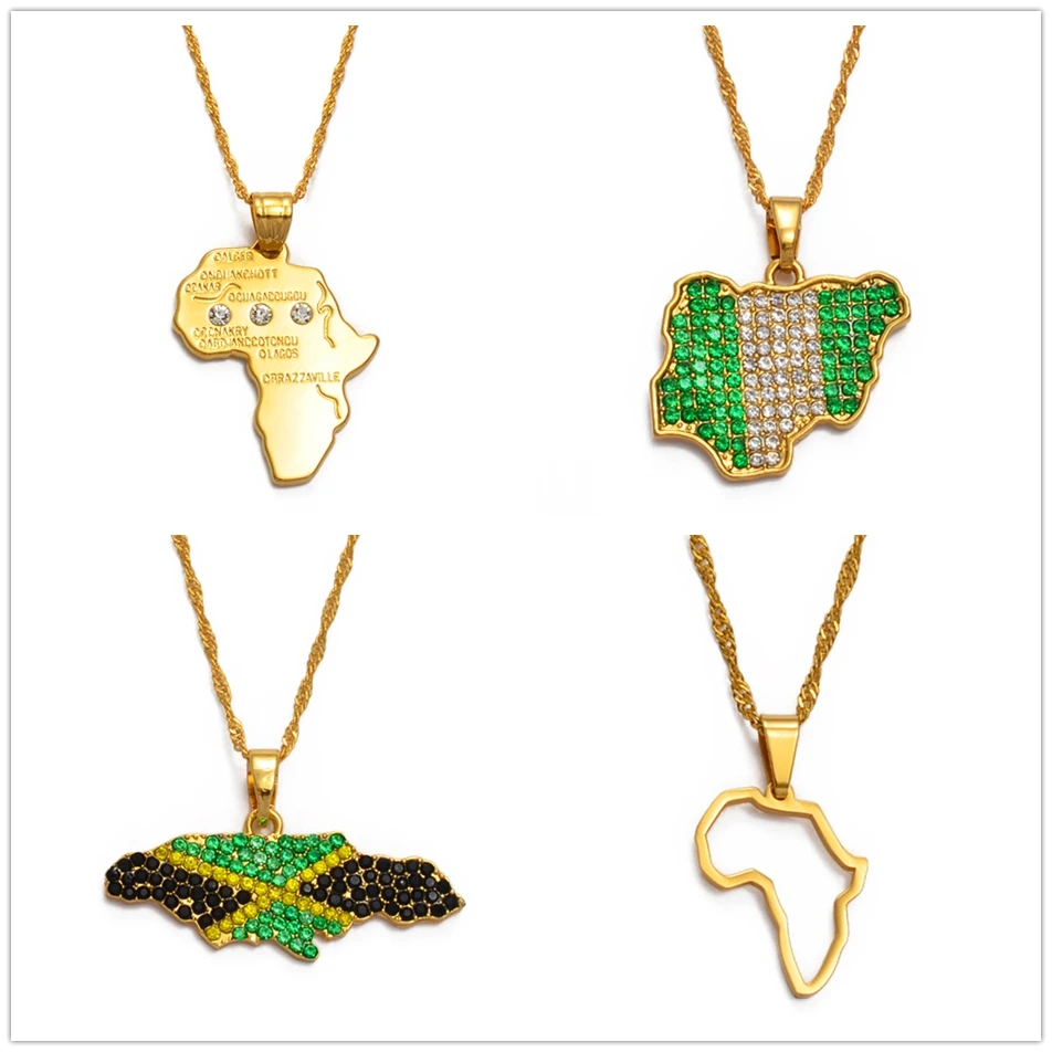 Color Flag Nigeria Jamaica With Rhinestone Africa Maps Pendant Necklaces Ethnic Jewelry #122721