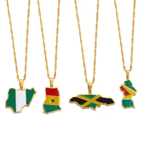 Colorful Flags Nigeria Ghana Jamaica Guyana Maps Stainless Steel Enamel Pendant Necklaces National Jewelry #122921