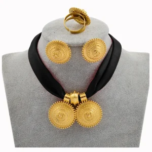 DIY Rope Chain Ethiopian Jewelry Set Gold Color Eritrea Ethnic Style Habesha Pendant Earrings Ring #217106