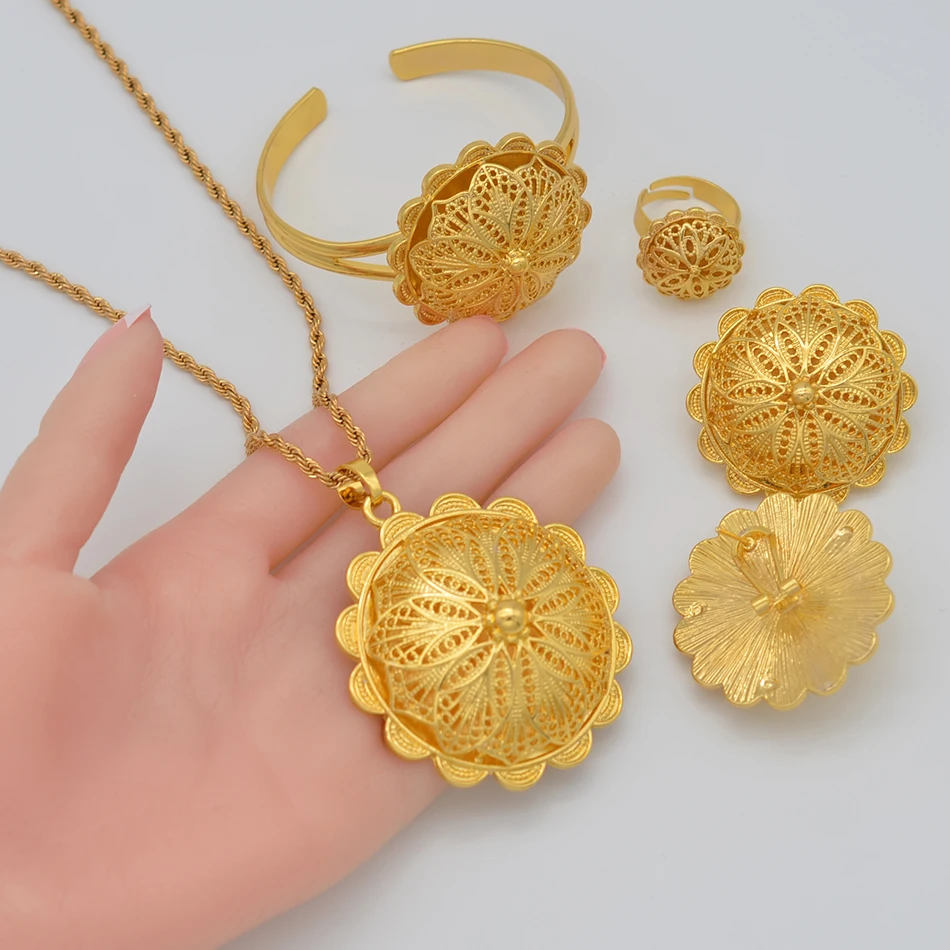 Eritrean and Ethiopian Jewelry Pendant Necklaces Earrings Ring Bangles for Women Gold Color African Wedding Gifts #207406 - Image 2