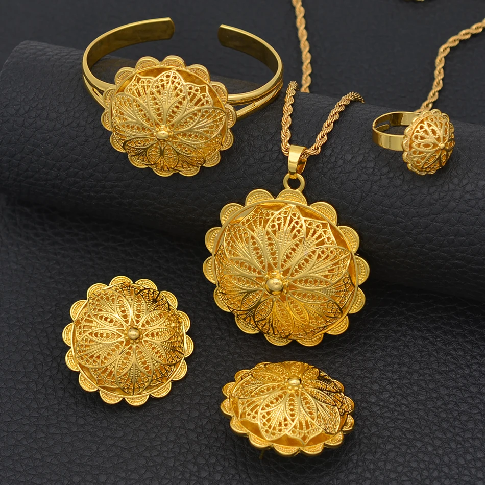 Eritrean and Ethiopian Jewelry Pendant Necklaces Earrings Ring Bangles for Women Gold Color African Wedding Gifts #207406 - Image 4