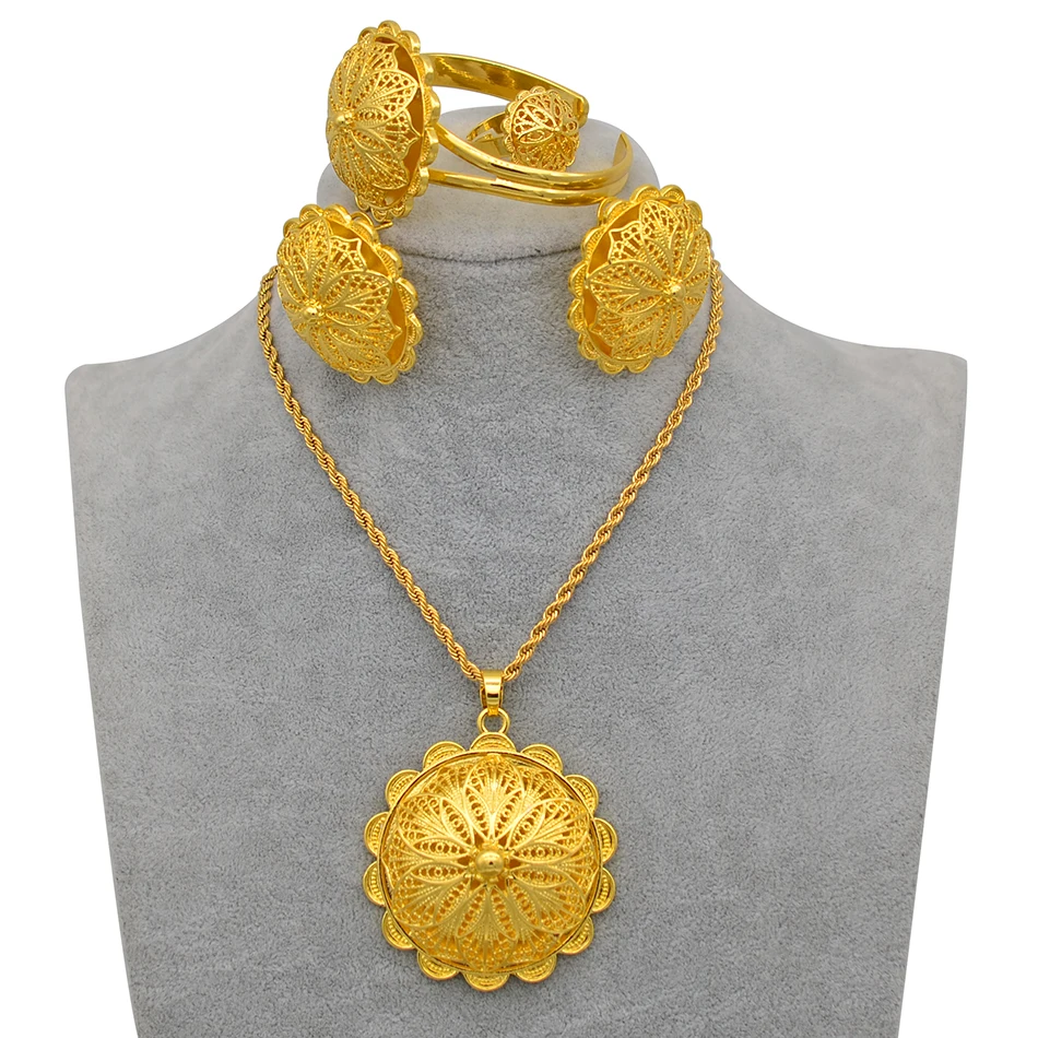 Eritrean and Ethiopian Jewelry Pendant Necklaces Earrings Ring Bangles for Women Gold Color African Wedding Gifts #207406 - Image 5