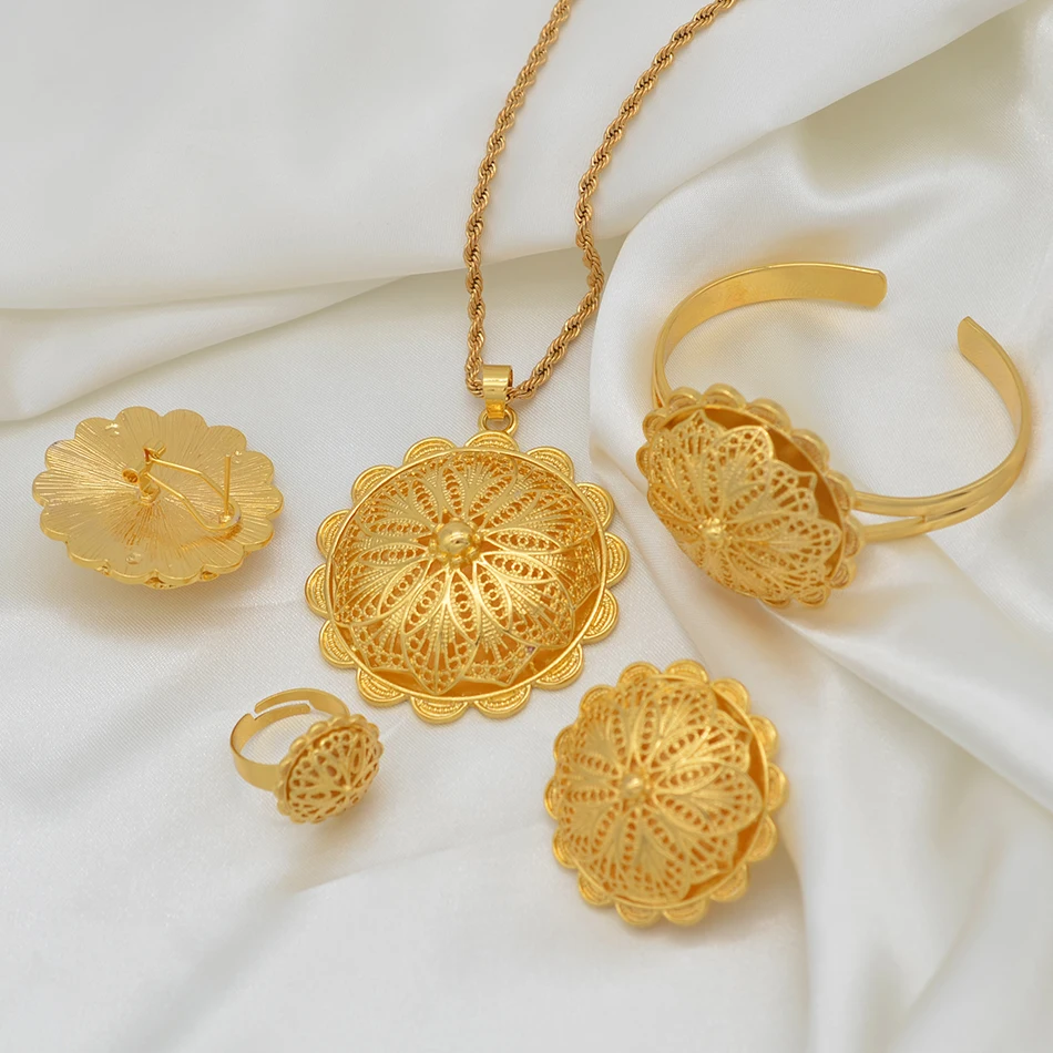 Eritrean and Ethiopian Jewelry Pendant Necklaces Earrings Ring Bangles for Women Gold Color African Wedding Gifts #207406 - Image 6