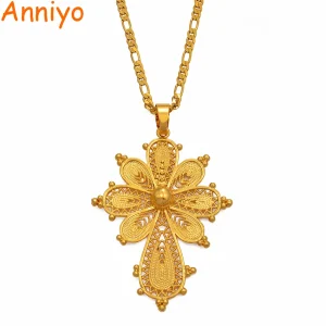 Ethiopian Cross Pendant Chain Necklaces for Women Girls Gold Color Eritrea Jewelry African Crosses #216806