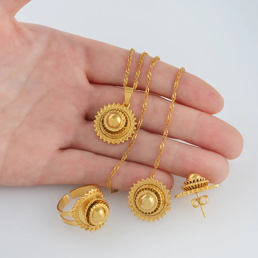 Ethiopian Small set Jewelry Necklace Earrings Ring Gold Color African Bridal sets Habesha Eritrea Wedding Sudan #045306 - Image 2