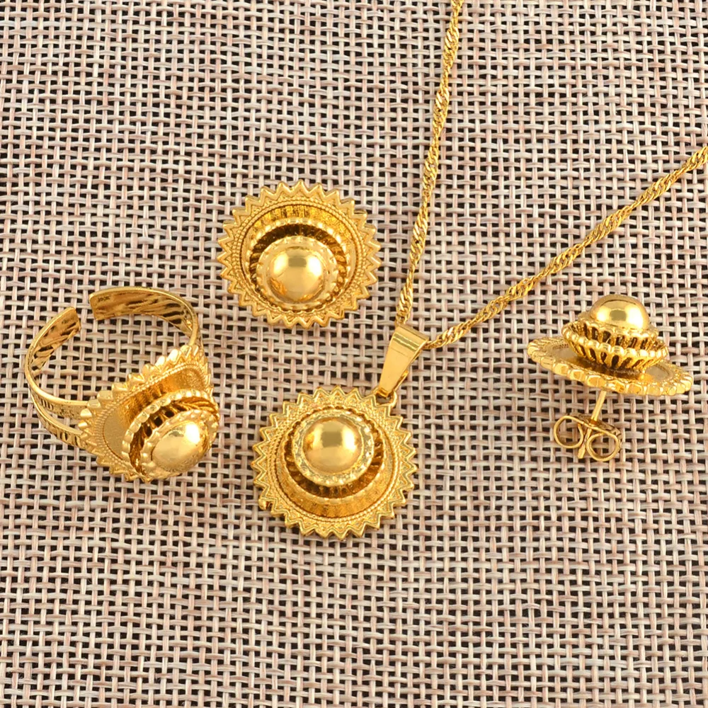 Ethiopian Small set Jewelry Necklace Earrings Ring Gold Color African Bridal sets Habesha Eritrea Wedding Sudan #045306 - Image 5