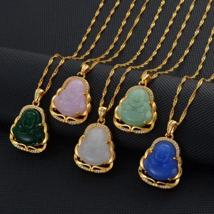 Green Blue Pink White Buddha Pendant Necklaces Women Amulet Chinese Style Maitreya Jewelry Model #001636