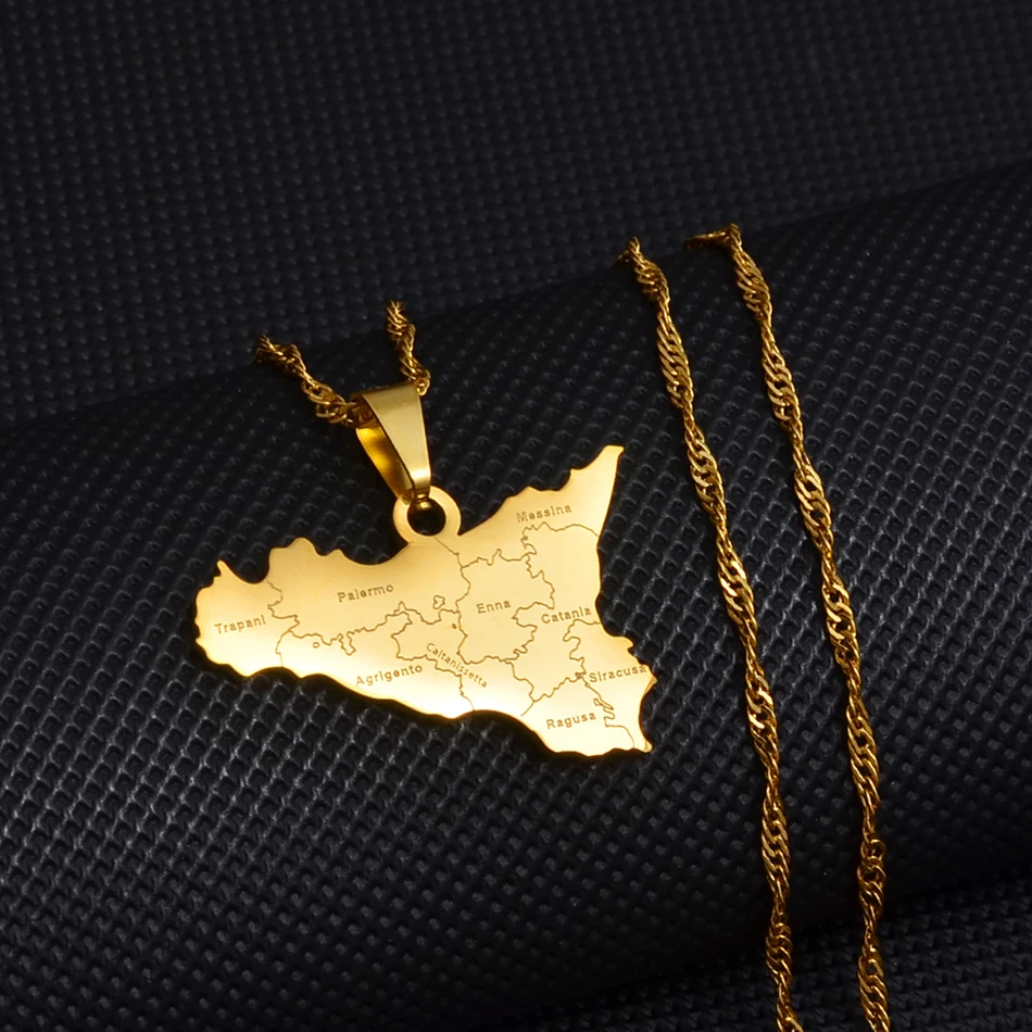 Italy Sicily Map Cities Name Pendant Necklaces Silver Color/Gold Italian Sicilia Jewelry Gifts #249821 - Image 6