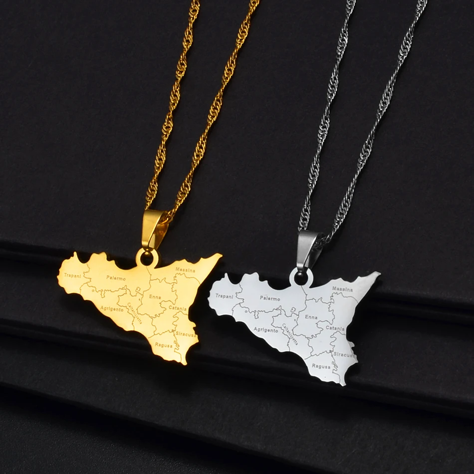 Italy Sicily Map Cities Name Pendant Necklaces Silver Color/Gold Italian Sicilia Jewelry Gifts #249821