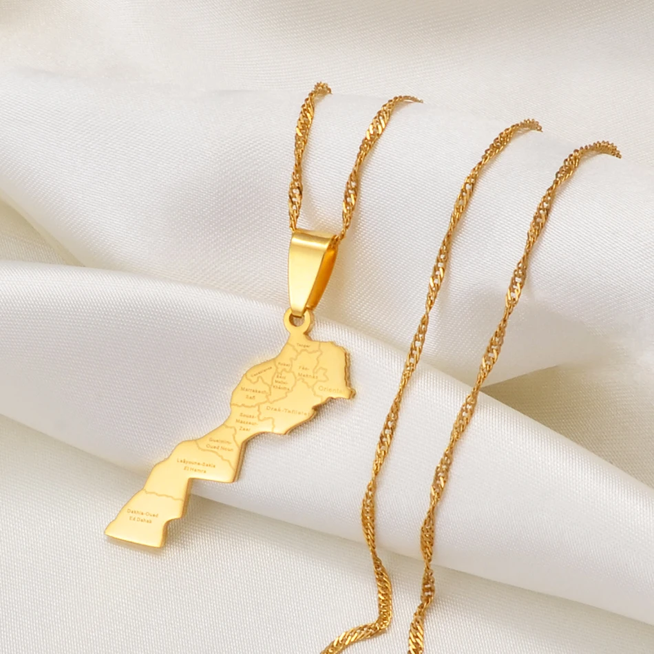 Maroc Map Cities Name Pendant Necklace Gold Color Jewelry for Women Men Morocco Map #236721 - Image 2