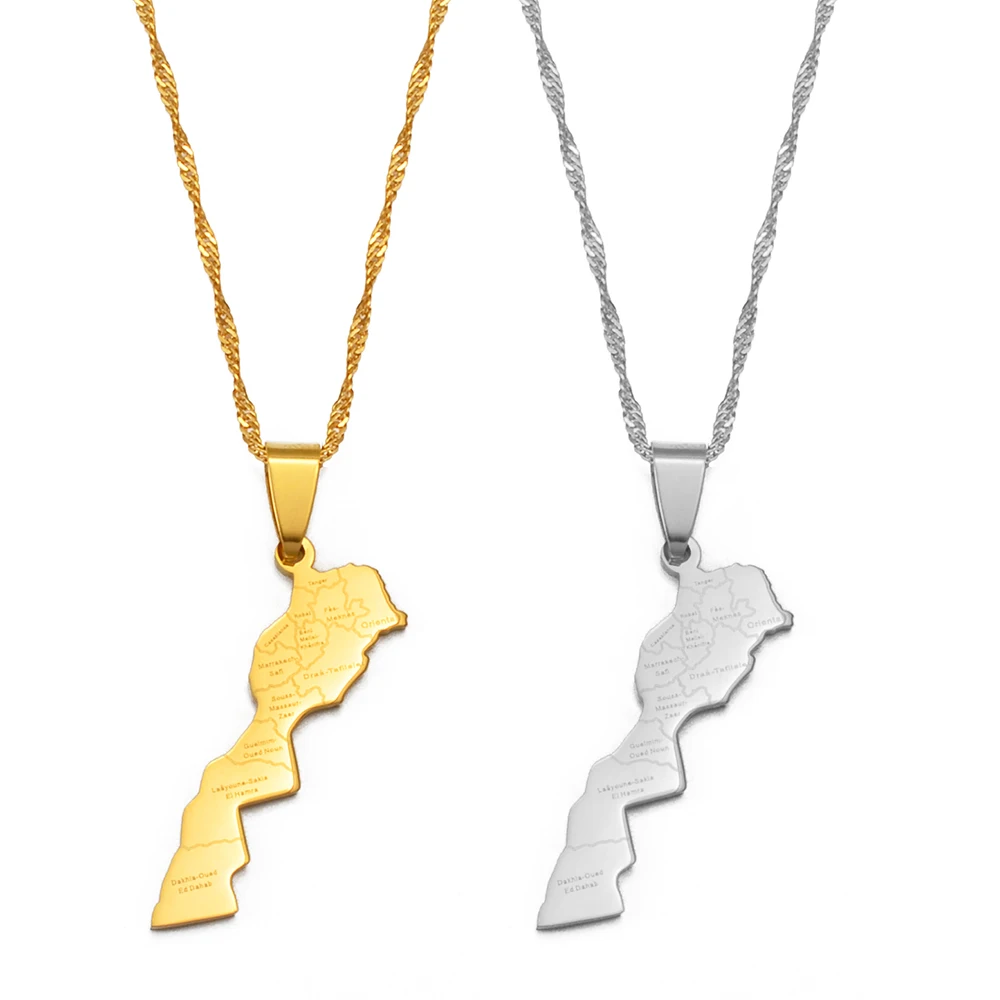 Maroc Map Cities Name Pendant Necklace Gold Color Jewelry for Women Men Morocco Map #236721 - Image 4
