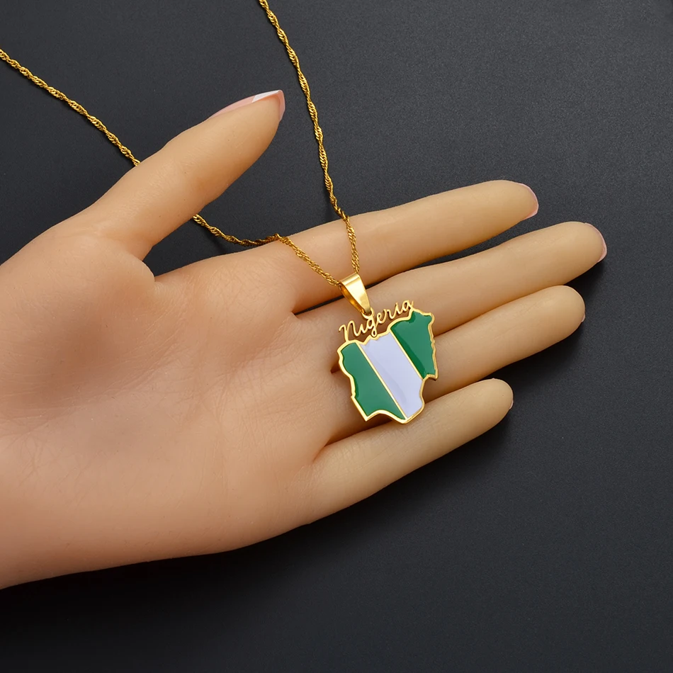 Nigeria Map Flag Pendant Necklaces Gold Color Nigerian Maps Jewelry Patriotic Gift #136621 - Image 3