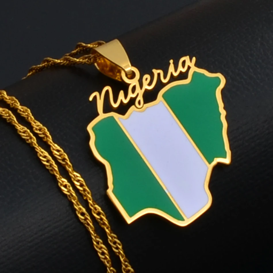 Nigeria Map Flag Pendant Necklaces Gold Color Nigerian Maps Jewelry Patriotic Gift #136621 - Image 5