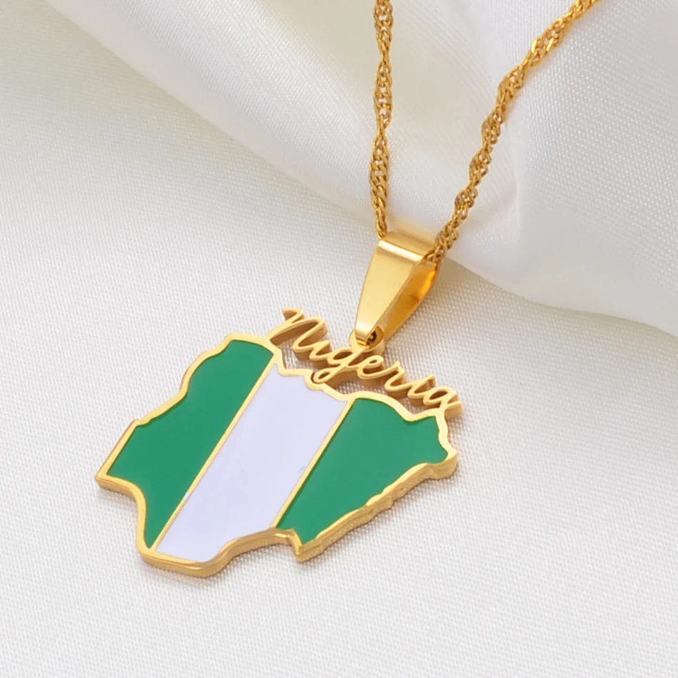 Nigeria Map Flag Pendant Necklaces Gold Color Nigerian Maps Jewelry Patriotic Gift #136621 - Image 6