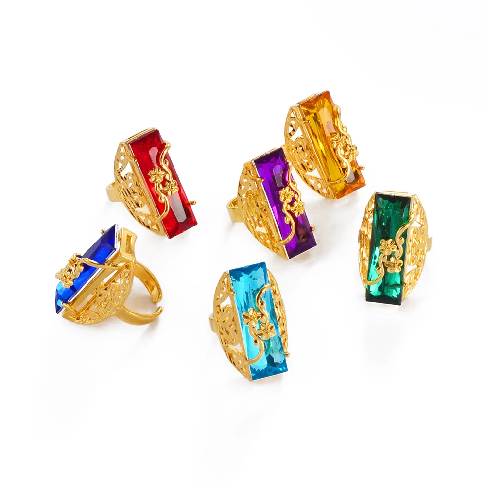 ONE PIECE / Red Blue Green Stone Ring for Women Girls Gold Color Arab Rings African Jewelry Ethiopian Wedding #053306 - Image 2