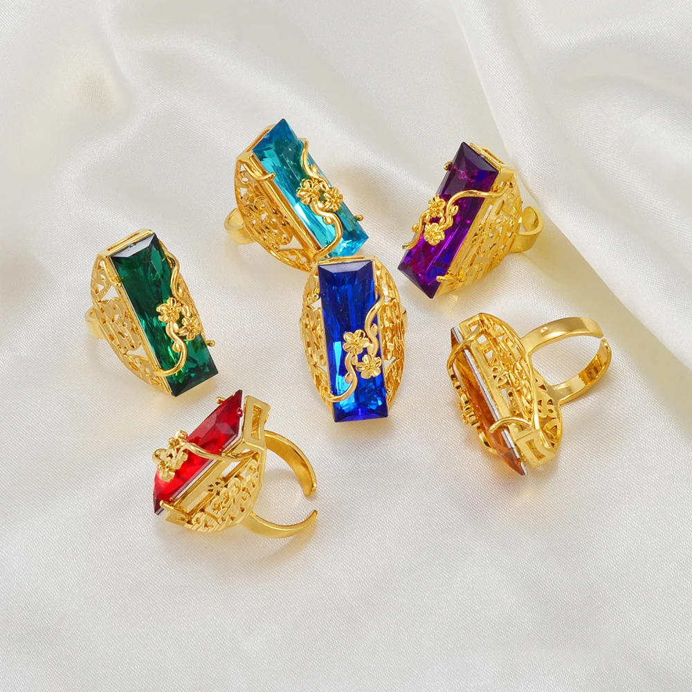ONE PIECE / Red Blue Green Stone Ring for Women Girls Gold Color Arab Rings African Jewelry Ethiopian Wedding #053306 - Image 5