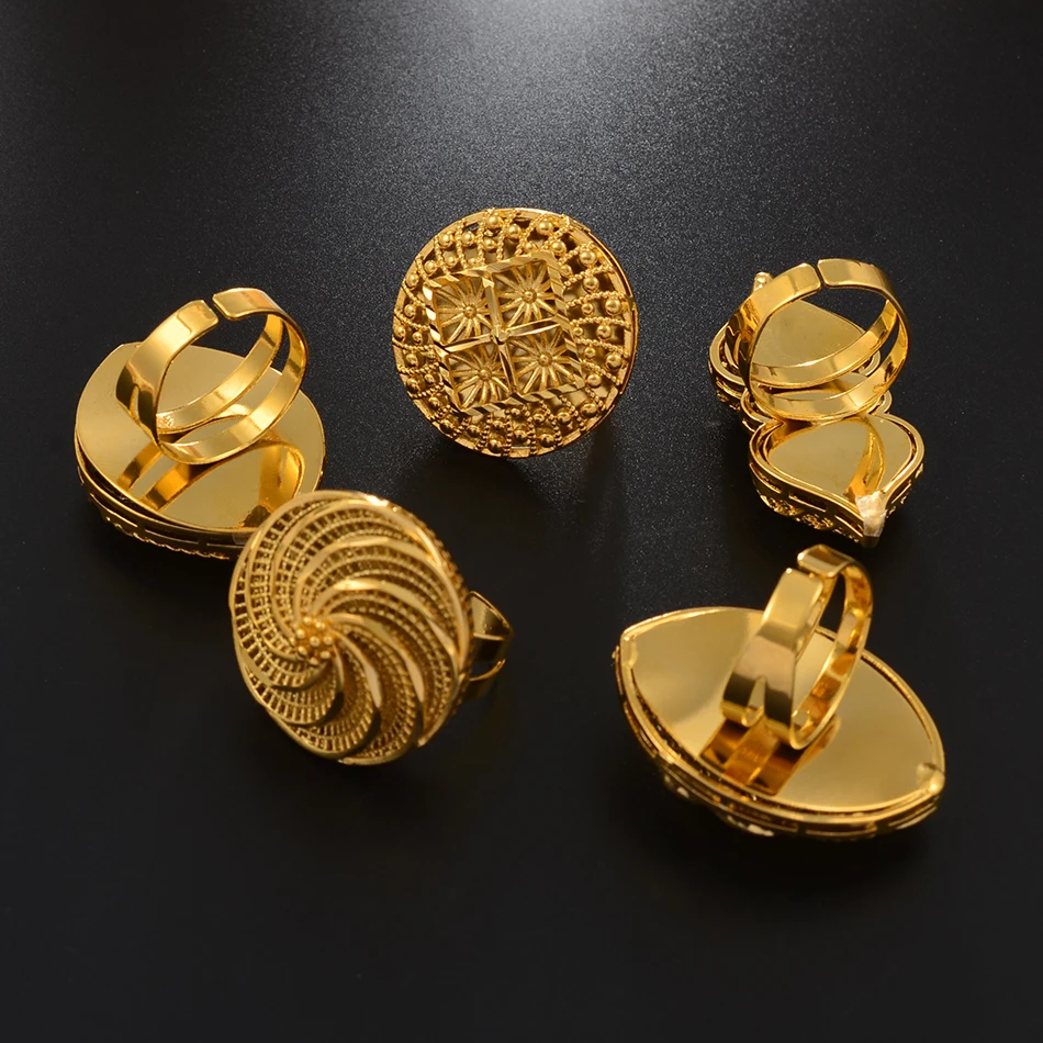 Resizable BIG Ring for Women African Jewelry Ethiopian Gold Color Wedding Bigger Ring Openable Exaggerated Rings #197506