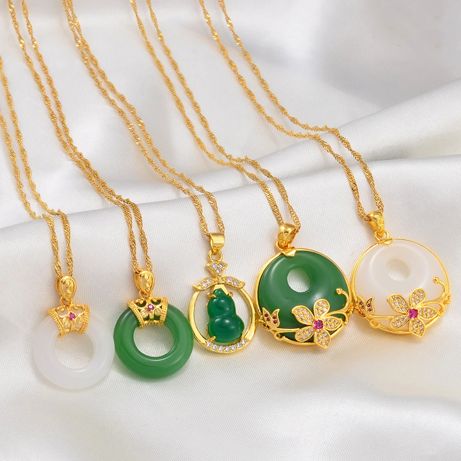 Round Flower Gourd Green White Stone Pendant Necklaces Women Girs Chinese Cultural Fashion Luxury Accessories #002236 - Image 2