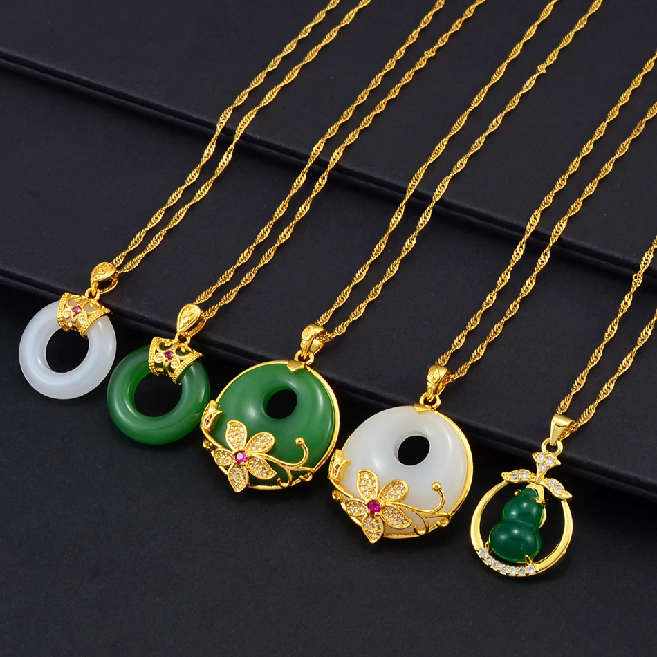 Round Flower Gourd Green White Stone Pendant Necklaces Women Girs Chinese Cultural Fashion Luxury Accessories #002236