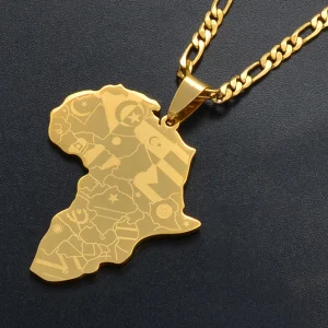 Silver Color/Gold Color Africa Map With Flag Pendant Chain Necklaces African Maps Jewelry for Women Men #035321P