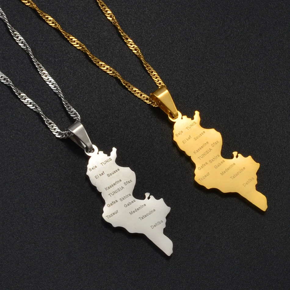 Tunisie Map Cities Name Pendant Necklace Chains Gold Color/Silver Color Tunisienne Jewelry Tunisia Women Girl #214321 - Image 2