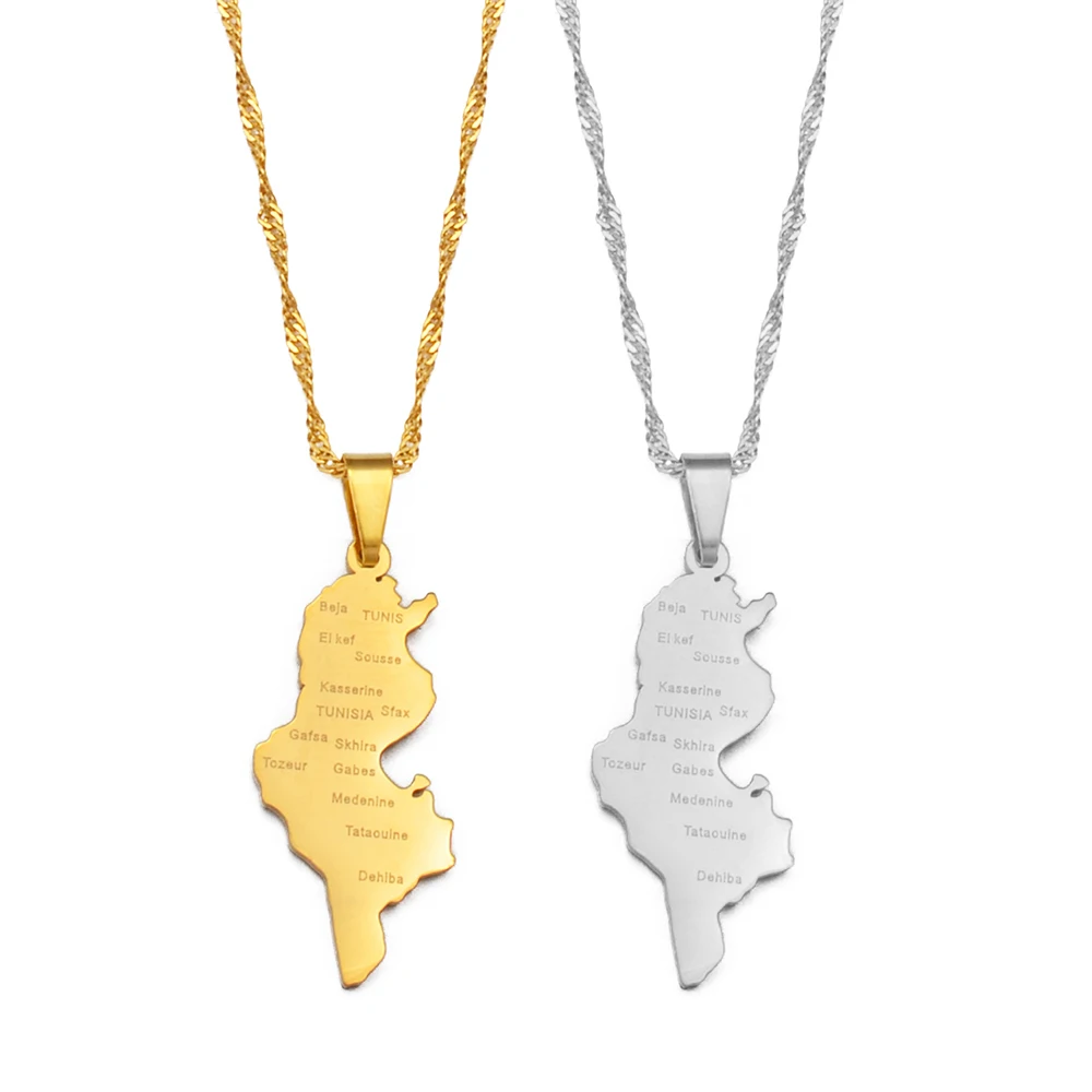 Tunisie Map Cities Name Pendant Necklace Chains Gold Color/Silver Color Tunisienne Jewelry Tunisia Women Girl #214321
